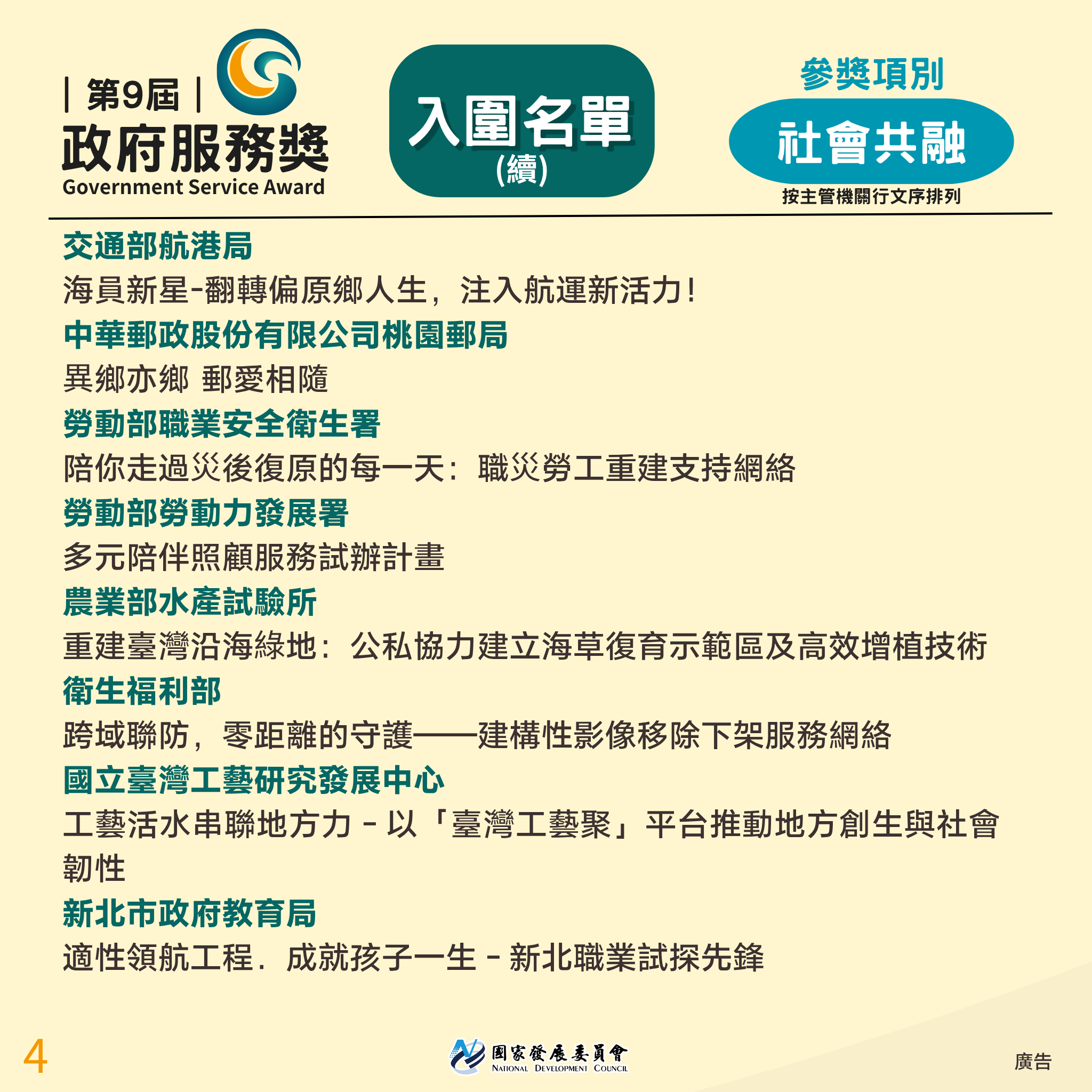 【第9屆「政府服務獎」入圍名單出爐】